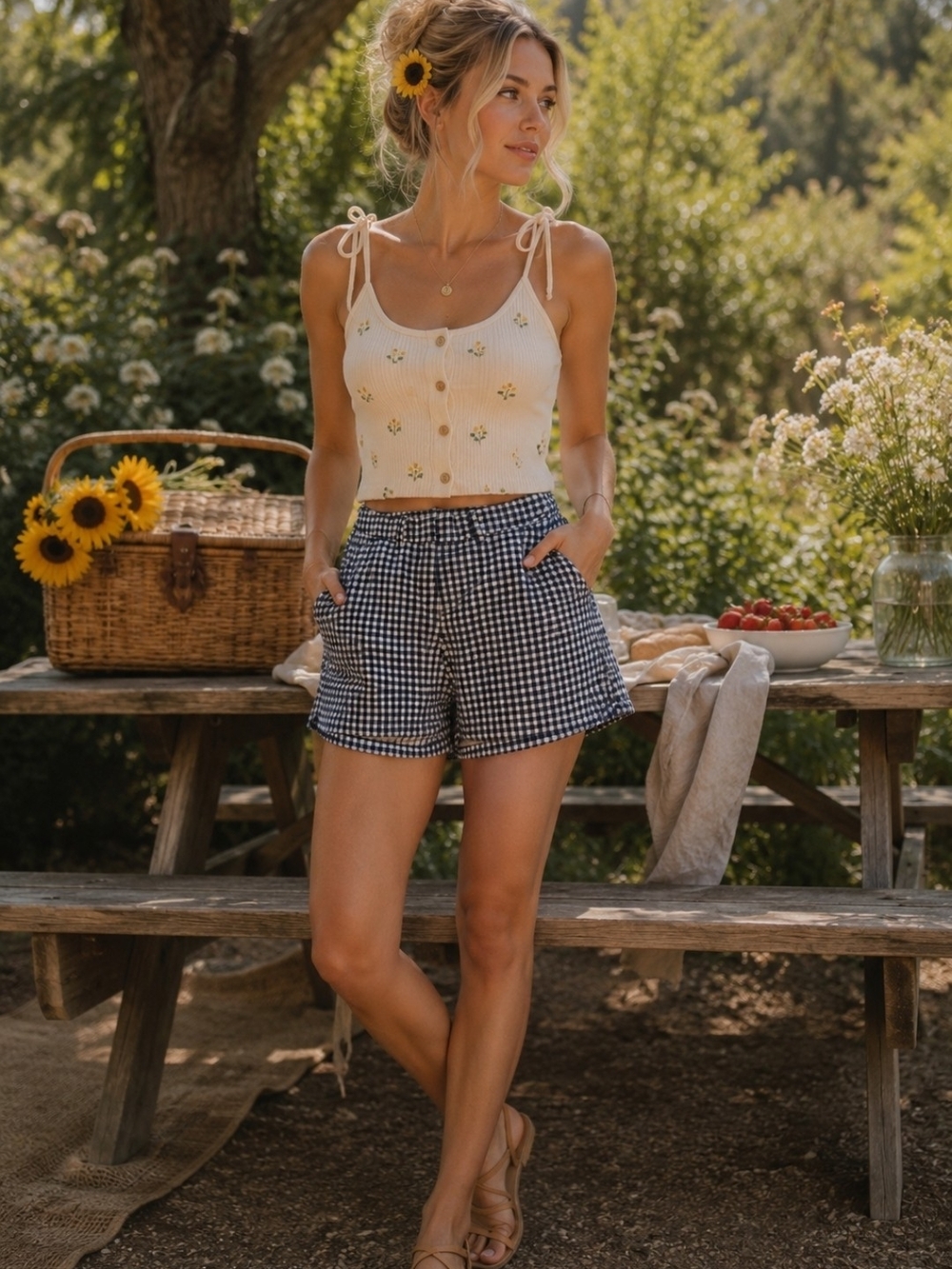 4/$15 Women's Sz 4 Gingham Plaid High-Waist Shorts in Navy and White 25"